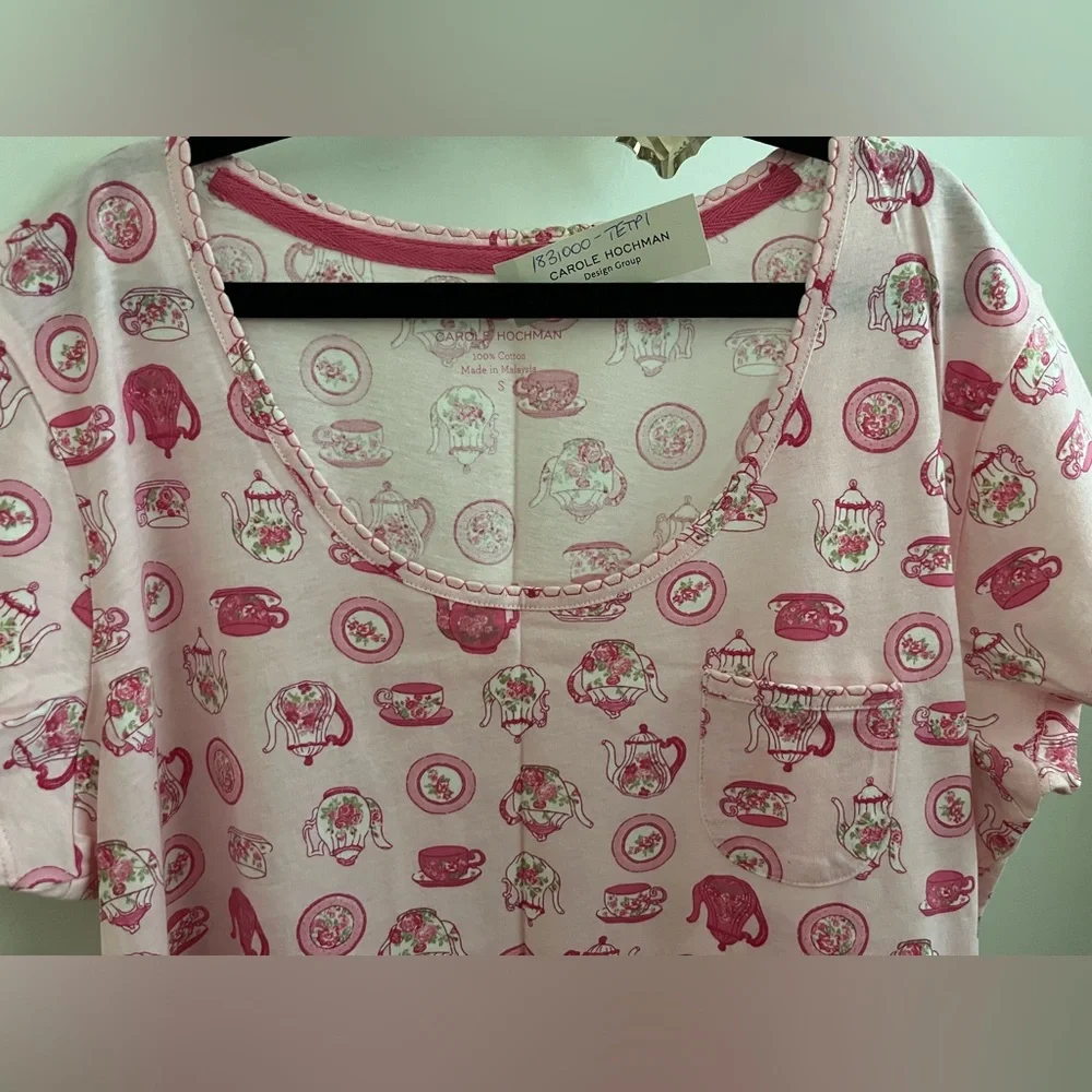 Midnight by Carole Hochman Pink and Green Tea Print Nightshirt 100 %Cotton - Picture 3 of 11